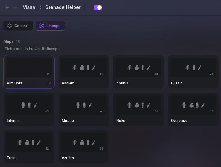 Grenade Helper, вкладка Lineups: выбор карты, типы гранат и количество сохранённых раскидок