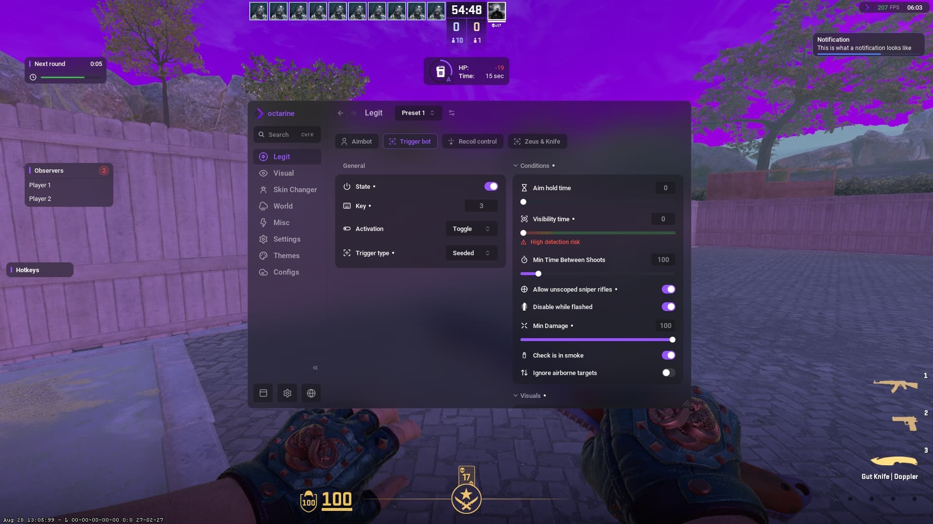 Настройки триггербота во вкладке Legit: выбран режим Seeded