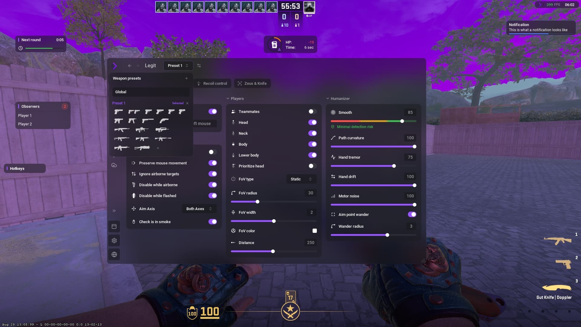 Вкладка Legit: выбор оружия для пресета в меню Weapon presets