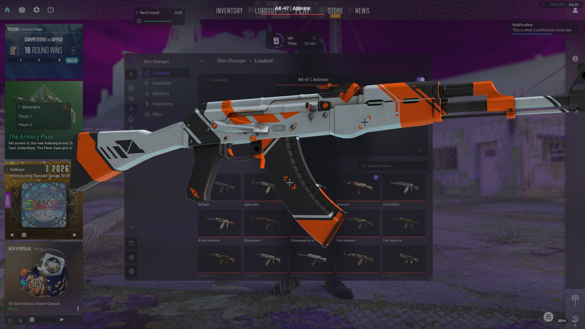Полноэкранный 3D-предпросмотр AK-47 со скином Asiimov поверх меню Skin Changer